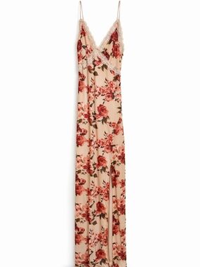 Jessica Simpson Floral Lace Trim Maxi Dress XS Pink Rose Slip Romantic Boho